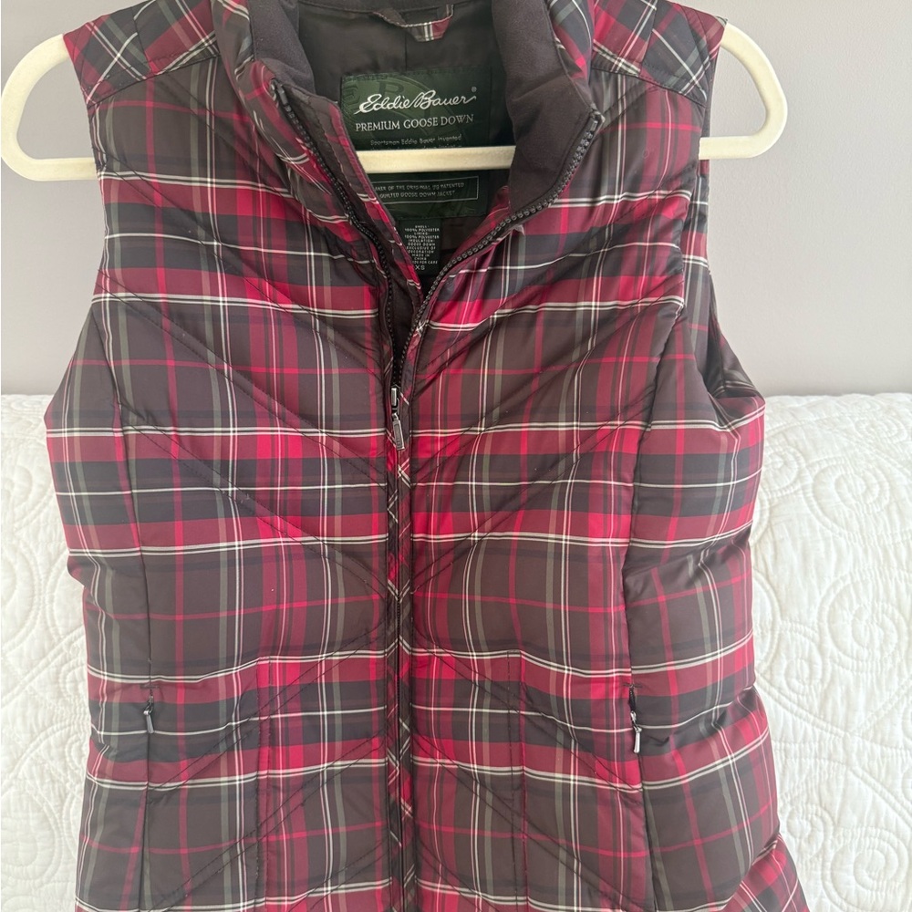Eddie Bauer Red, Brown, and Cream Down Plaid Puffer Vest